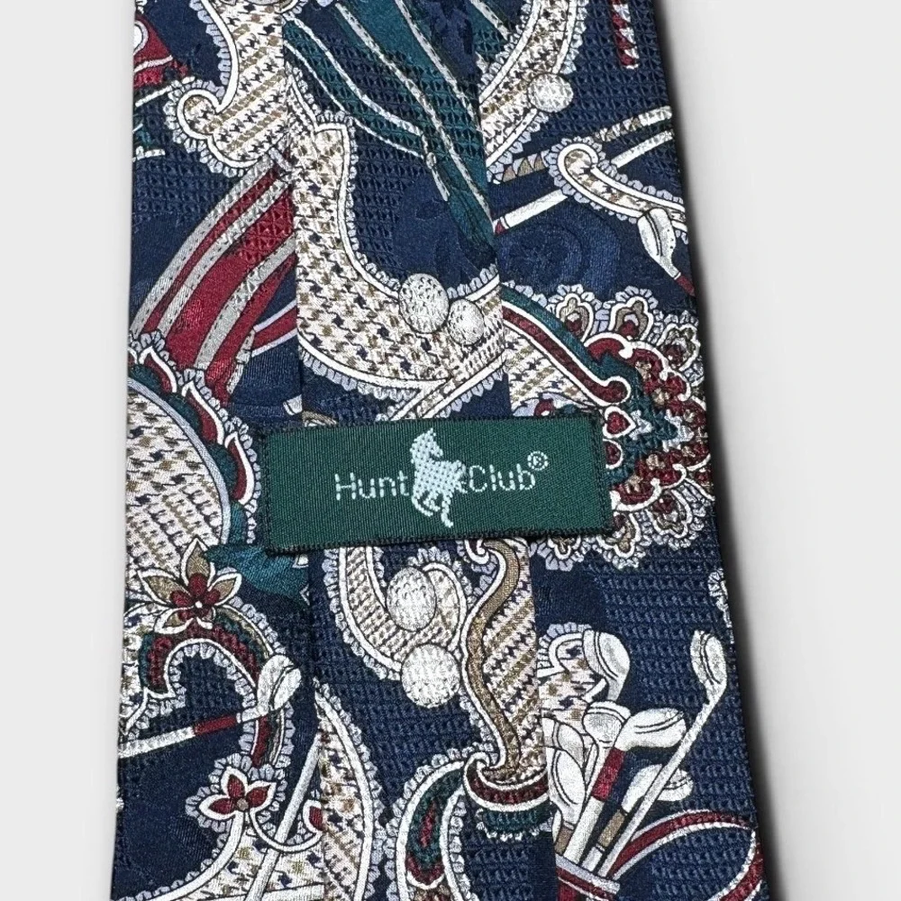Hunt Club Mens Silk Tie Navy Blue Golf Paisley Clubs Flags Sports Necktie